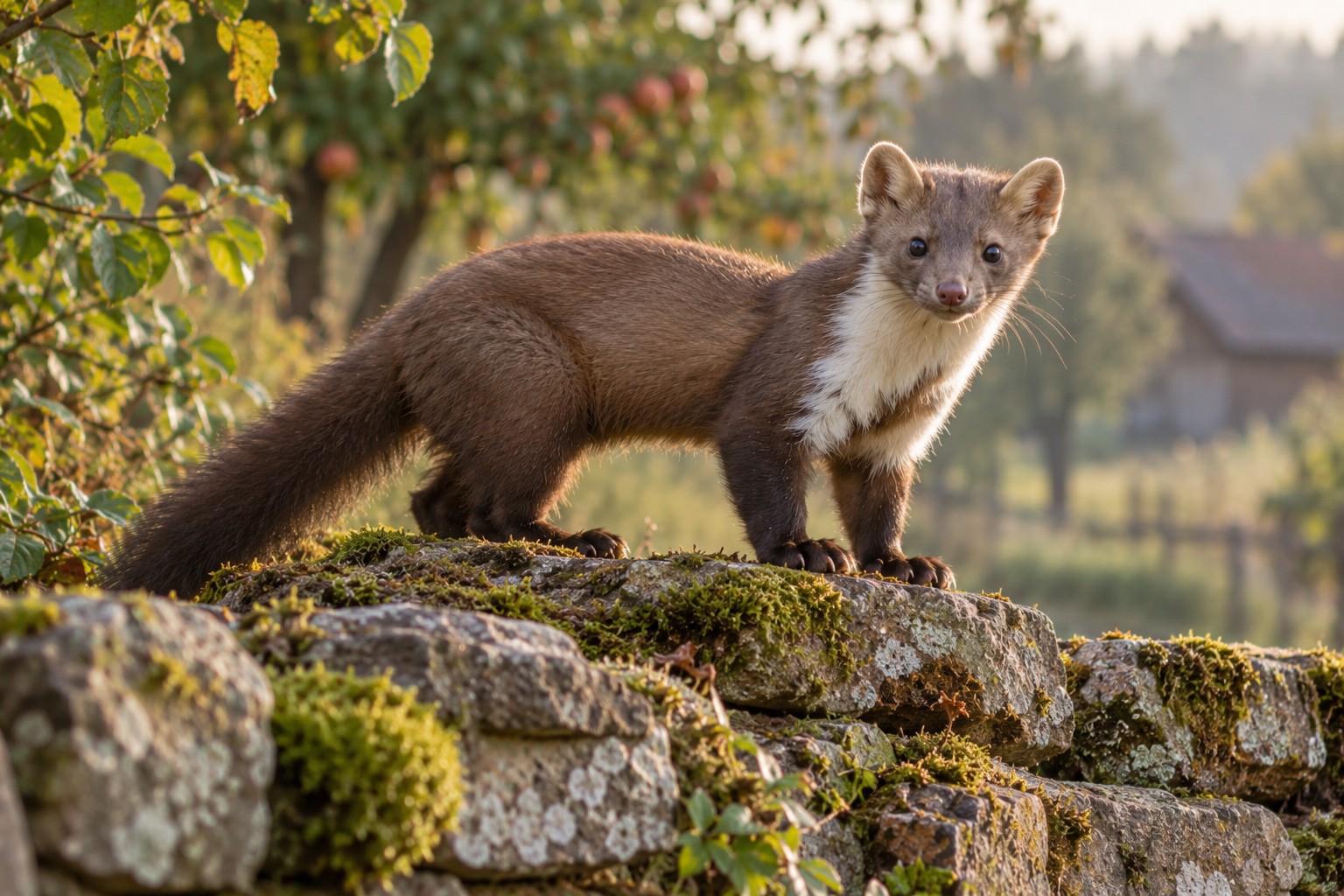 Kuna domowa – Martes foina Kuna domowa z białą plamą na piersi i różowawym nosem siedząca na starym kamiennym murku