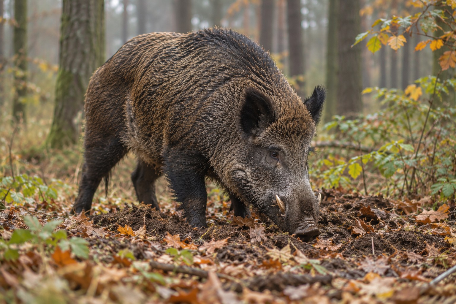 Dzik euroazjatycki – Sus scrofa Dorosły dzik euroazjatycki z widocznymi kłami poszukujący pożywienia na leśnym podłożu