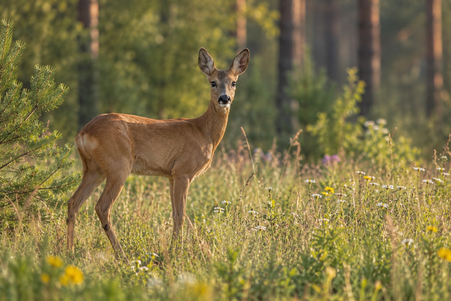 Sarna europejska – Capreolus capreolus Sarna europejska na wiosennej łące w pobliżu sosnowego lasu