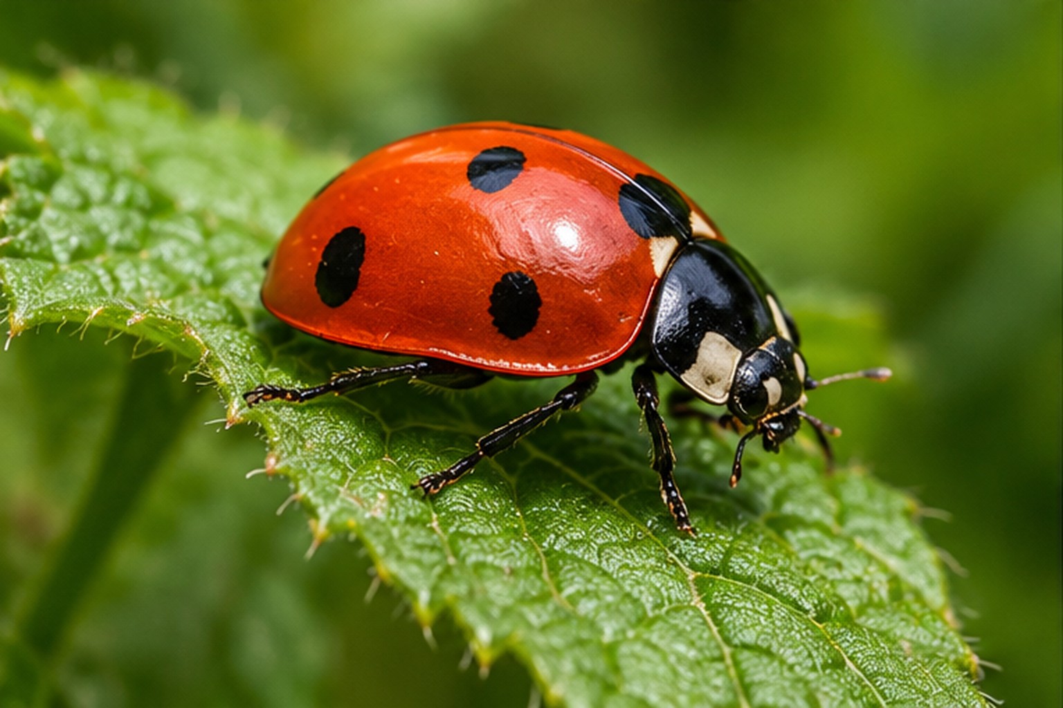 Biedronka siedmiokropka – Coccinella septempunctata Biedronka siedmiokropka na zielonym liściu z widocznymi czerwonymi pokrywami i czarnymi kropkami