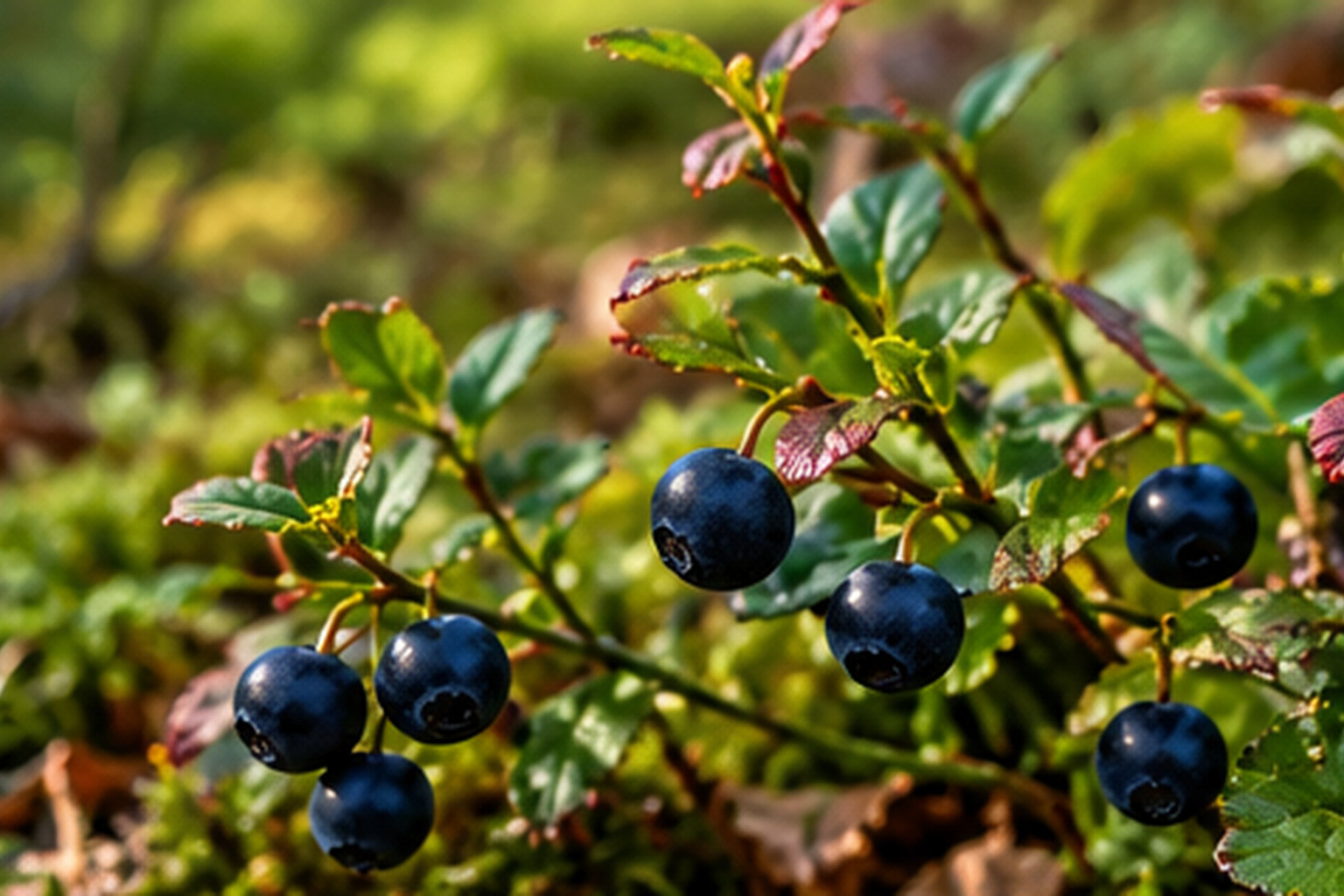 Borówka czarna (Vaccinium myrtillus) w naturalistycznym ujęciu leśnym — ilustracja AI