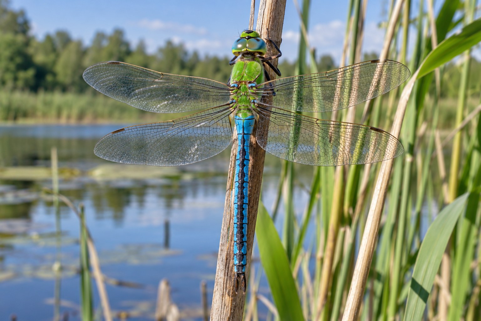 Husarz władca – Anax imperator Husarz władca siedzący pionowo na trzcinie nad stawem, z rozłożonymi skrzydłami