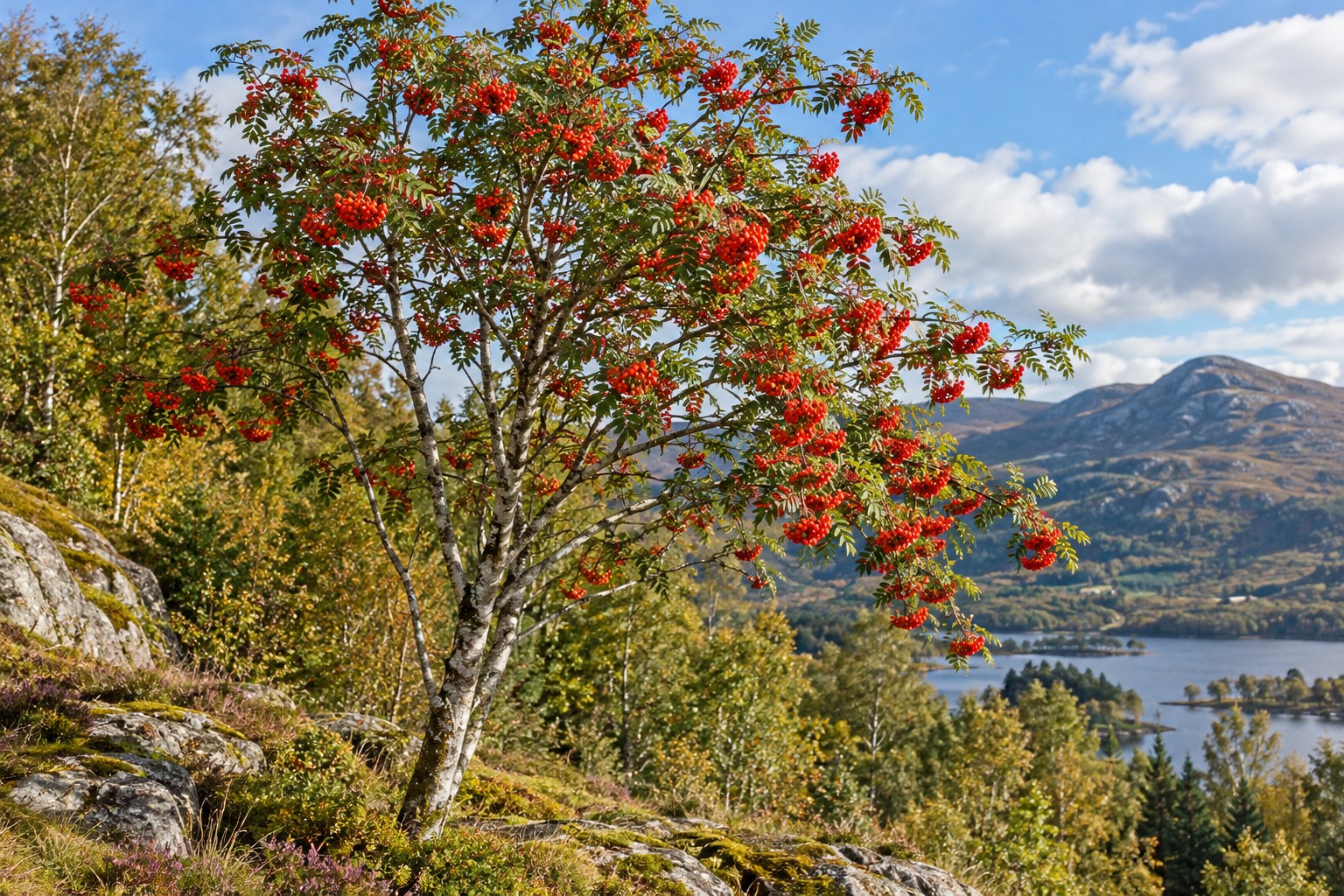 Ilustracja AI przedstawiająca jarząb pospolity (Sorbus aucuparia) w naturalnym krajobrazie