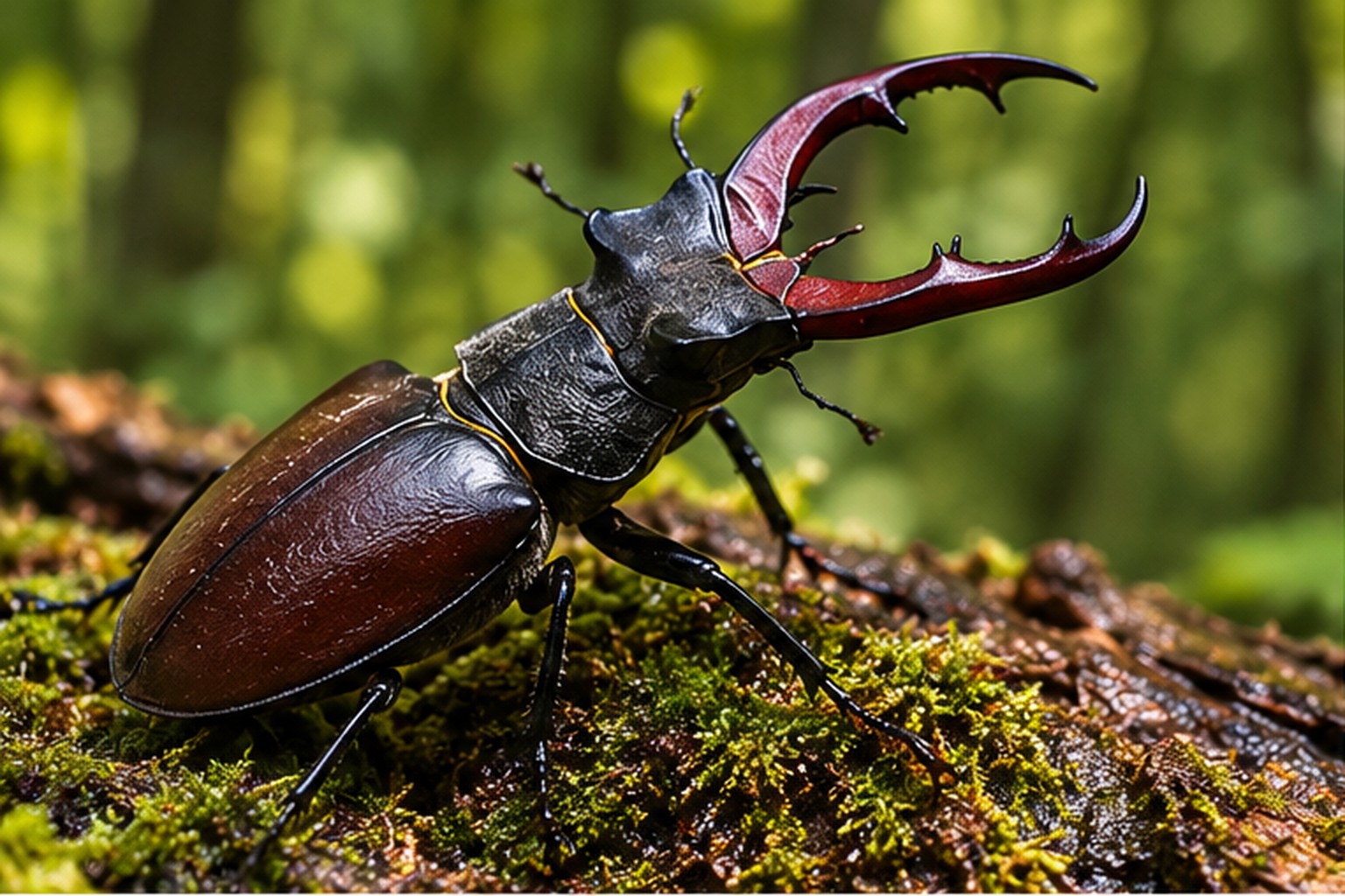 Jelonek rogacz – Lucanus cervus Samiec jelonka rogacza z dużymi żuwaczkami na omszałym martwym drewnie