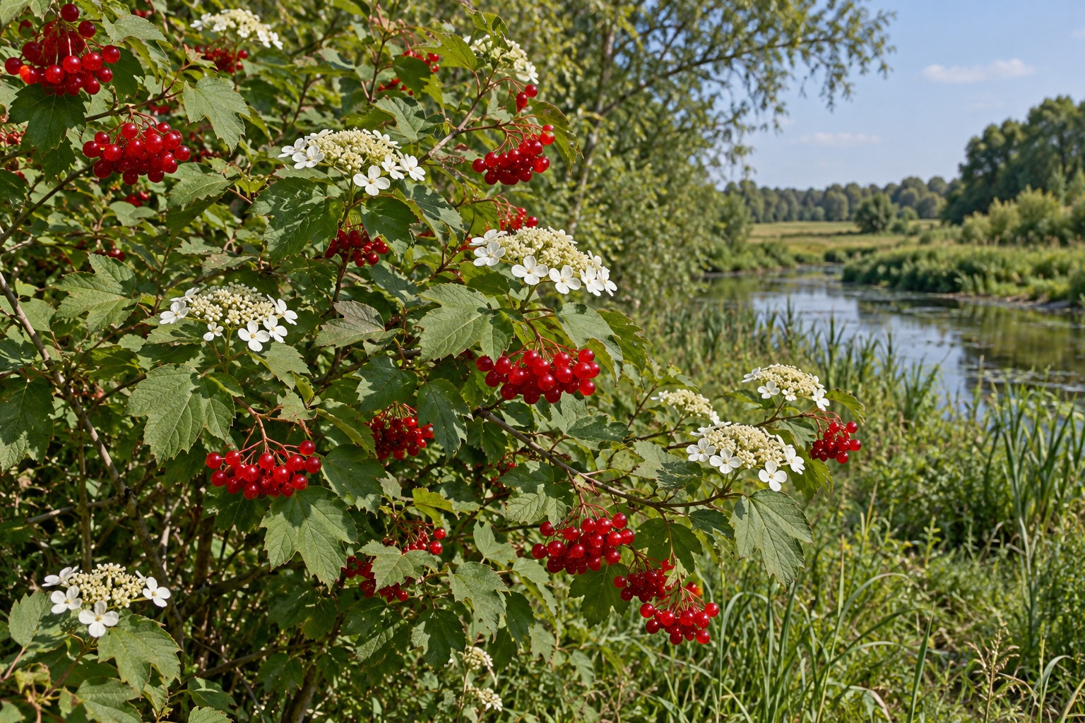 Kalina koralowa w naturalnych nadrzecznych zaroślach Doliny Prosny, liście i czerwone owoce