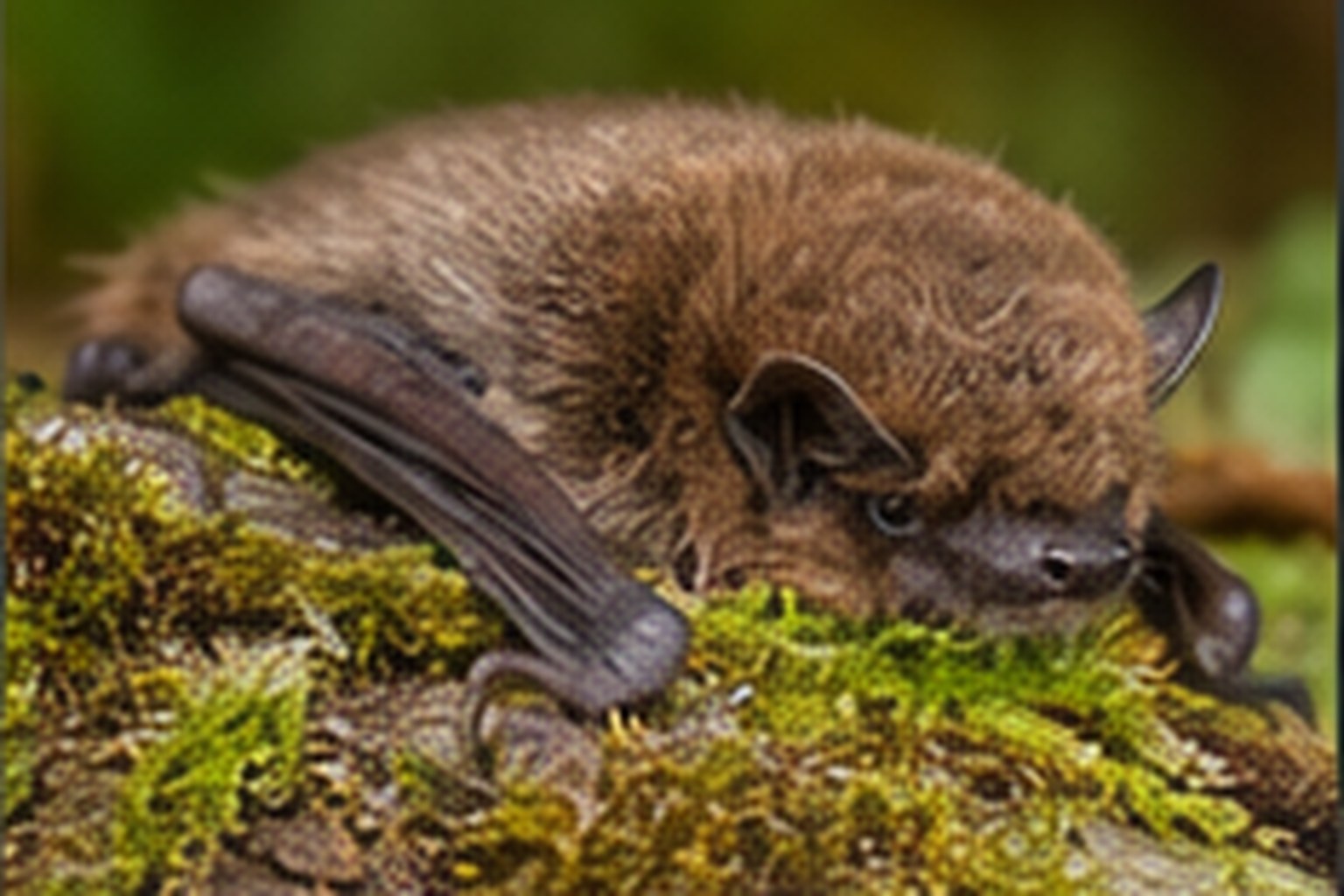 Karlik malutki – Pipistrellus pipistrellus Karlik malutki odpoczywający przy korze drzewa w leśnym półmroku