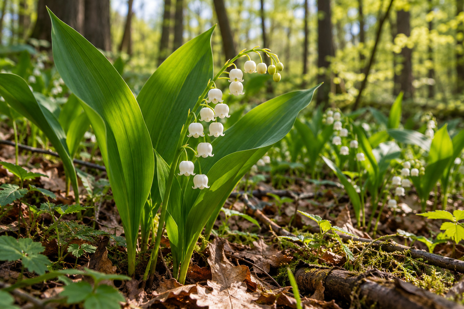 Konwalia majowa (Convallaria majalis) w naturalistycznym ujęciu leśnym — ilustracja AI