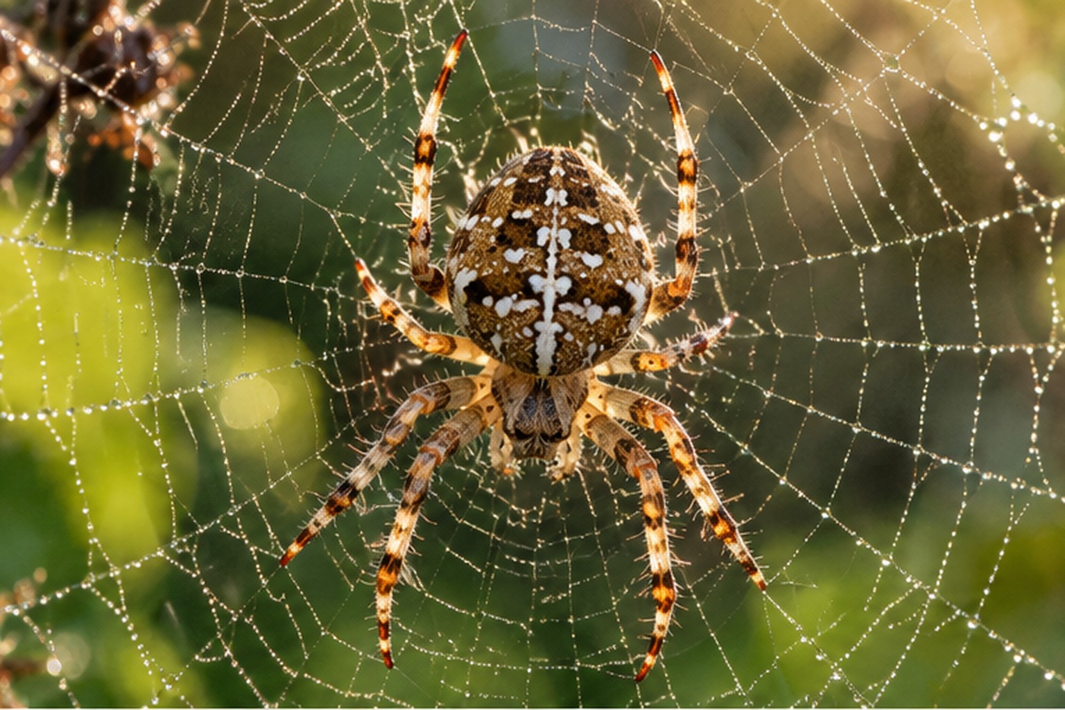 Krzyżak ogrodowy – Araneus diadematus Krzyżak ogrodowy na kolistej sieci pokrytej kroplami rosy
