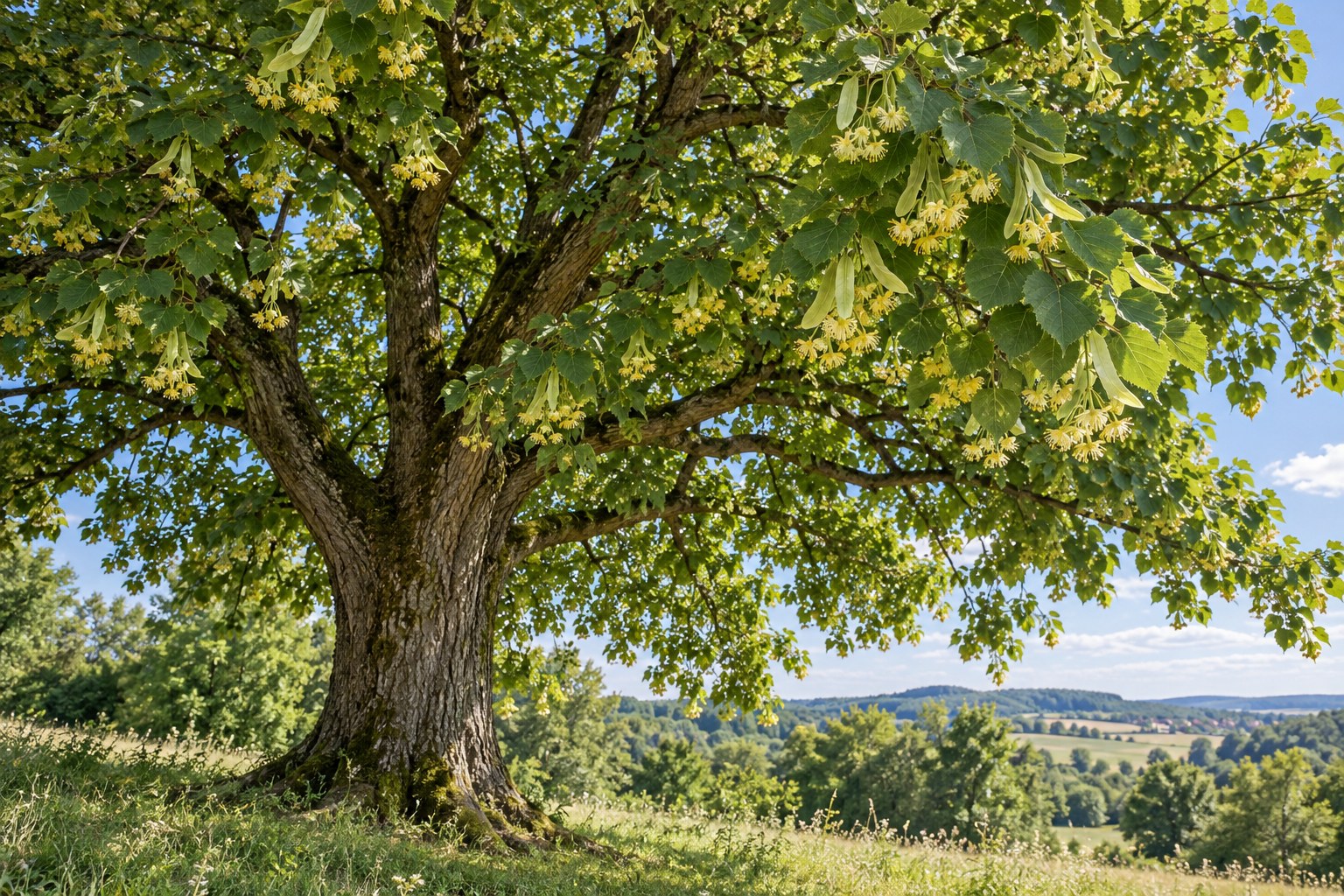 Ilustracja AI przedstawiająca lipa szerokolistna (Tilia platyphyllos) w naturalnym krajobrazie