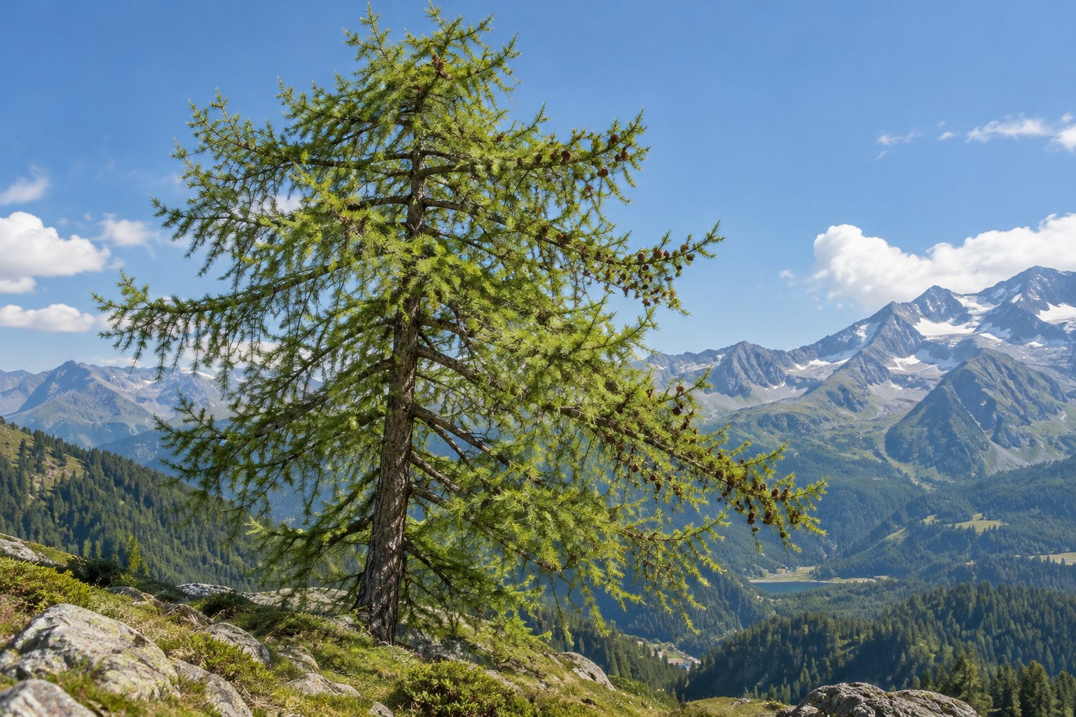 Ilustracja AI przedstawiająca modrzew europejski (Larix decidua) w naturalnym krajobrazie