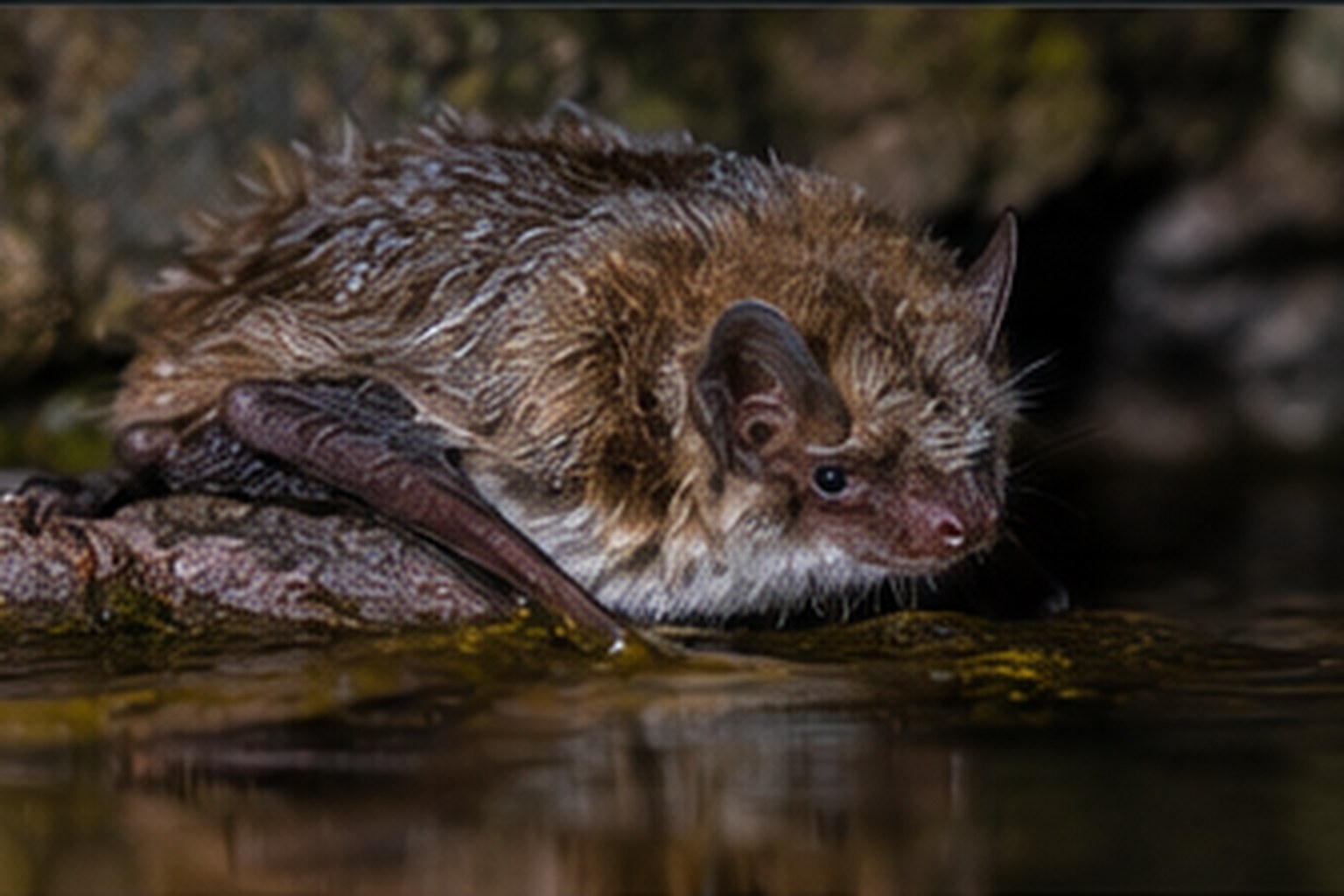 Nocek rudy – Myotis daubentonii Nocek rudy odpoczywający na drewnie tuż nad wodą