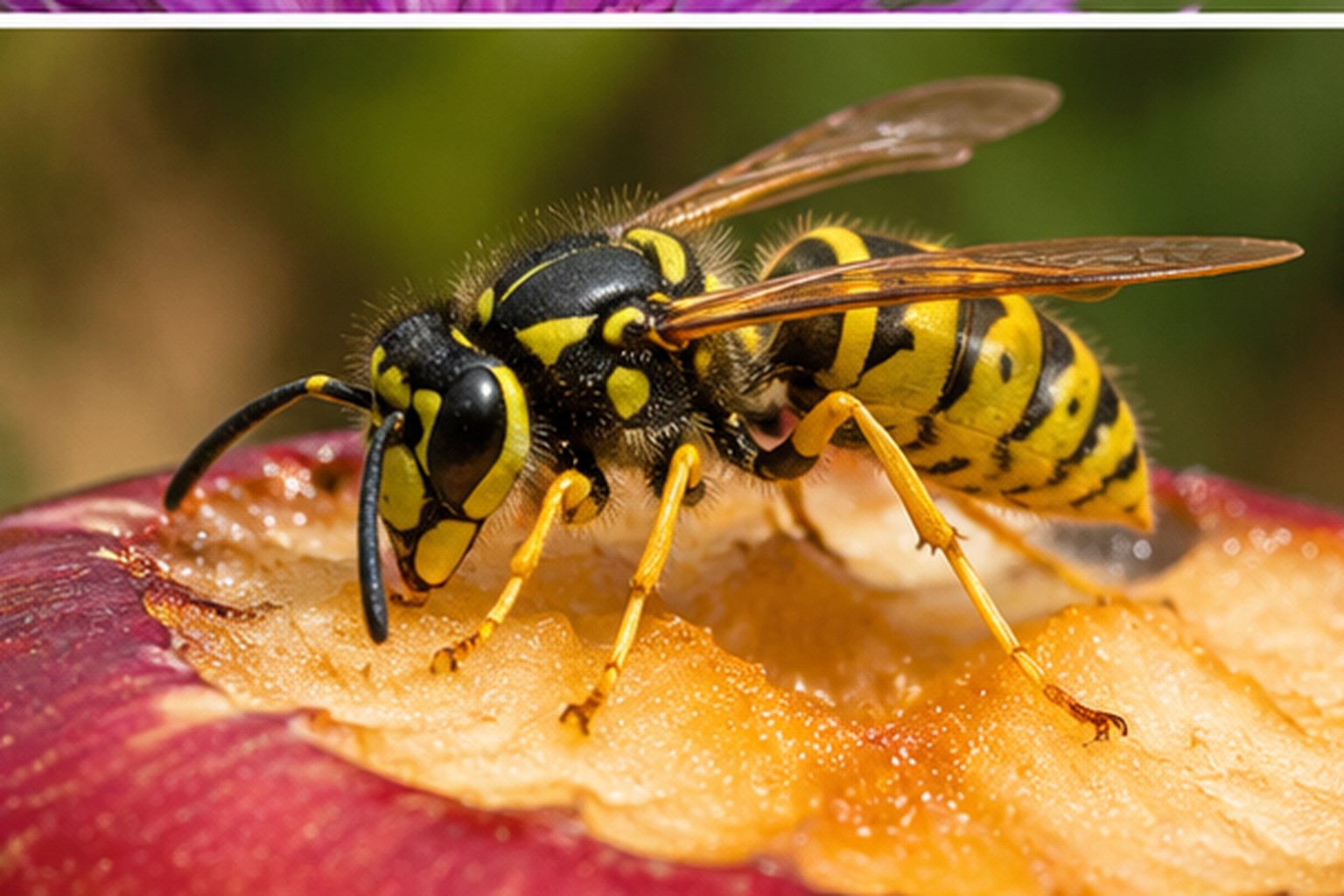 Osa pospolita – Vespula vulgaris Osa pospolita żerująca na dojrzałym owocu z wyraźnym żółto-czarnym rysunkiem odwłoka