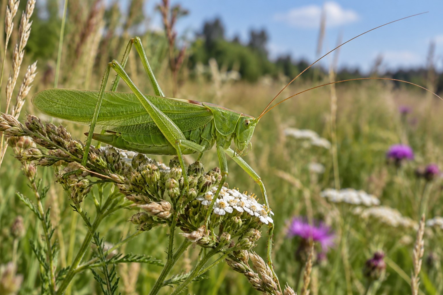 Pasikonik zielony – Tettigonia viridissima Pasikonik zielony siedzący na łąkowych roślinach w letnim słońcu