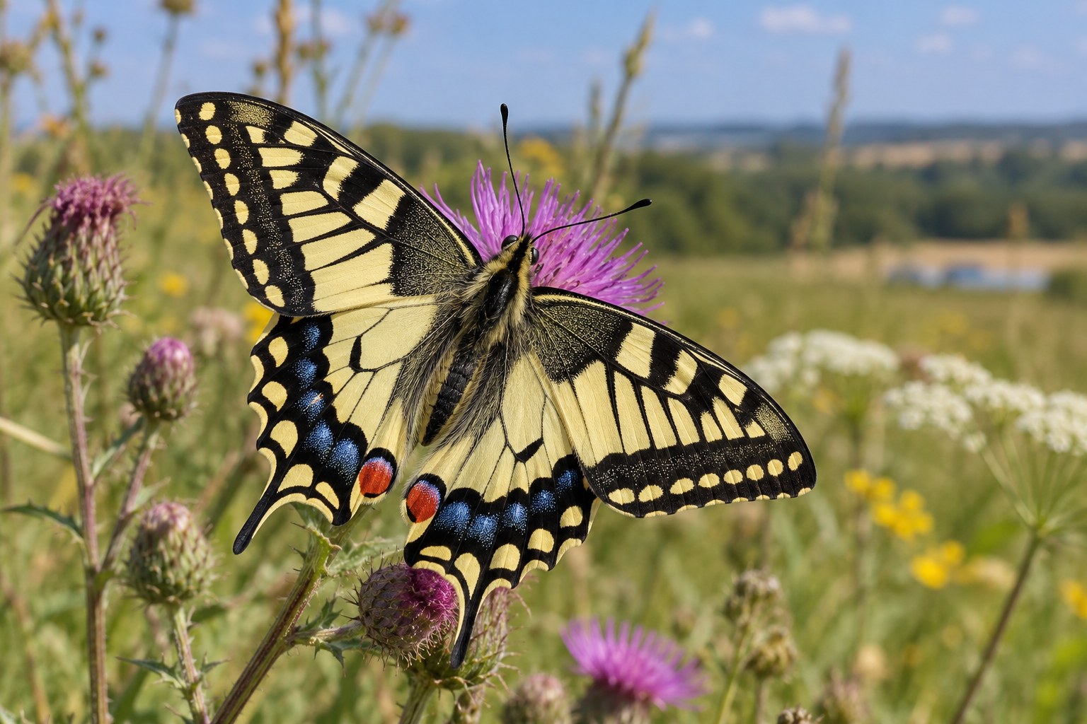 Paź królowej – Papilio machaon Paź królowej z rozłożonymi skrzydłami na fioletowym ostrożeniu w letniej łące