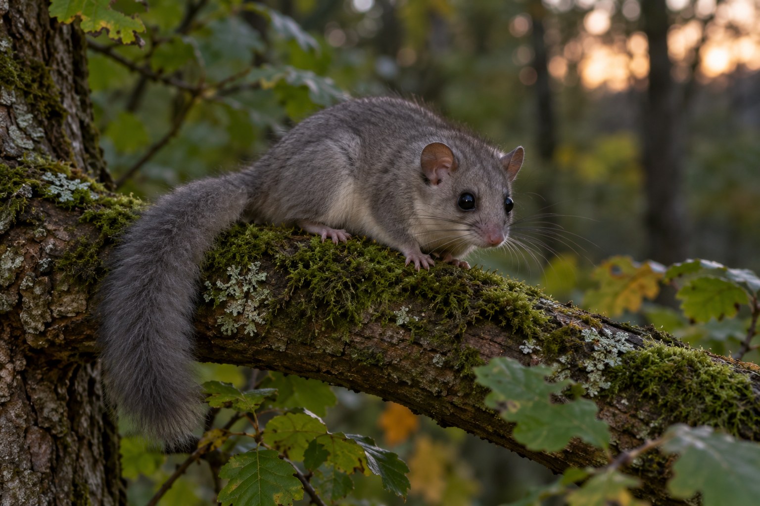Popielica szara – Glis glis Popielica szara siedząca na omszałej gałęzi w liściastym lesie o zmierzchu