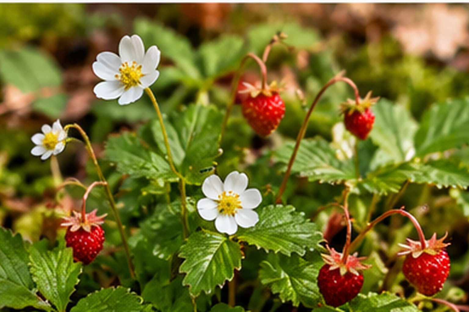 Poziomka pospolita (Fragaria vesca) w naturalistycznym ujęciu leśnym — ilustracja AI