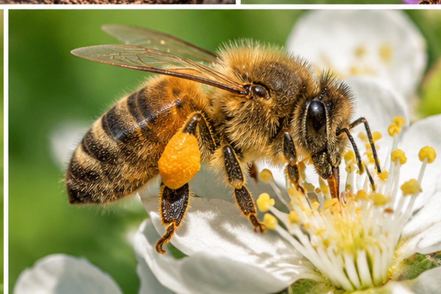 Pszczoła miodna – Apis mellifera Pszczoła miodna zbierająca pyłek z białego kwiatu z widocznymi obnóżami pyłkowymi