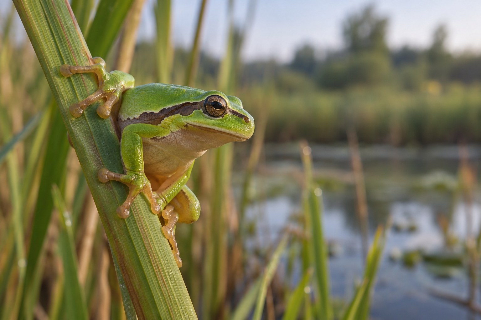 Rzekotka drzewna – Hyla arborea Rzekotka drzewna wspinająca się po trzcinie nad wodą