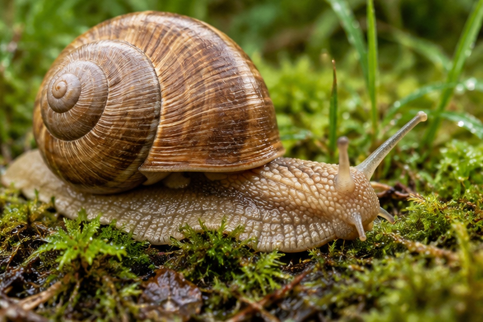 Ślimak winniczek – Helix pomatia Ślimak winniczek pełznący po wilgotnym mchu z widoczną dużą spiralną muszlą