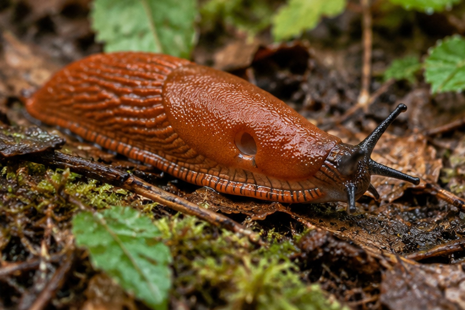 Ślinik wielki – Arion rufus Ślinik wielki o rudobrązowym ciele pełznący po wilgotnej ściółce