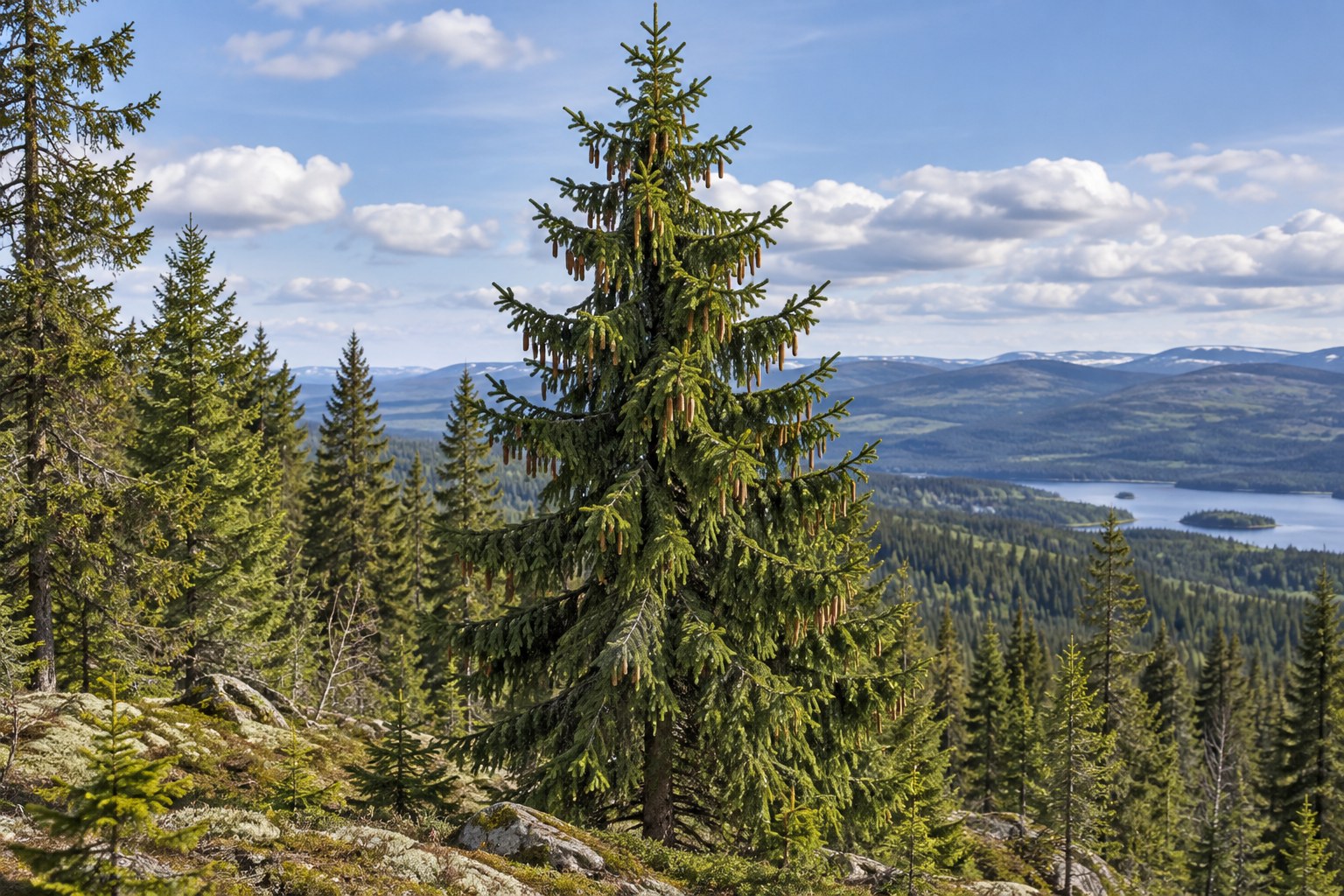 Ilustracja AI przedstawiająca świerk pospolity (Picea abies) w naturalnym krajobrazie