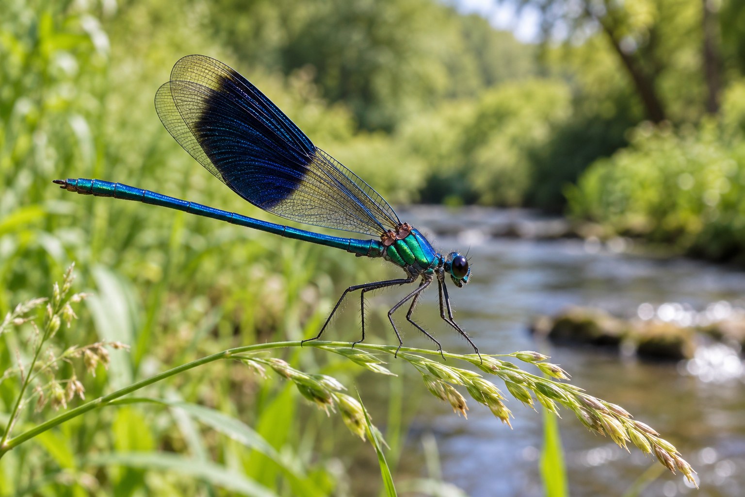 Świtezianka błyszcząca – Calopteryx splendens Świtezianka błyszcząca siedząca na źdźble trawy nad małym strumieniem, z ciemną przepaską na skrzydłach
