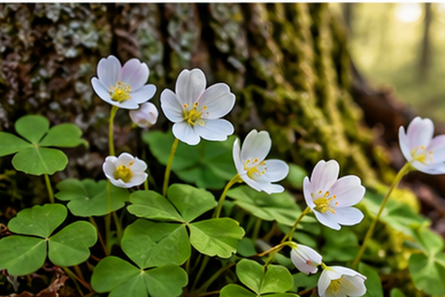 Szczawik zajęczy (Oxalis acetosella) w naturalistycznym ujęciu leśnym — ilustracja AI