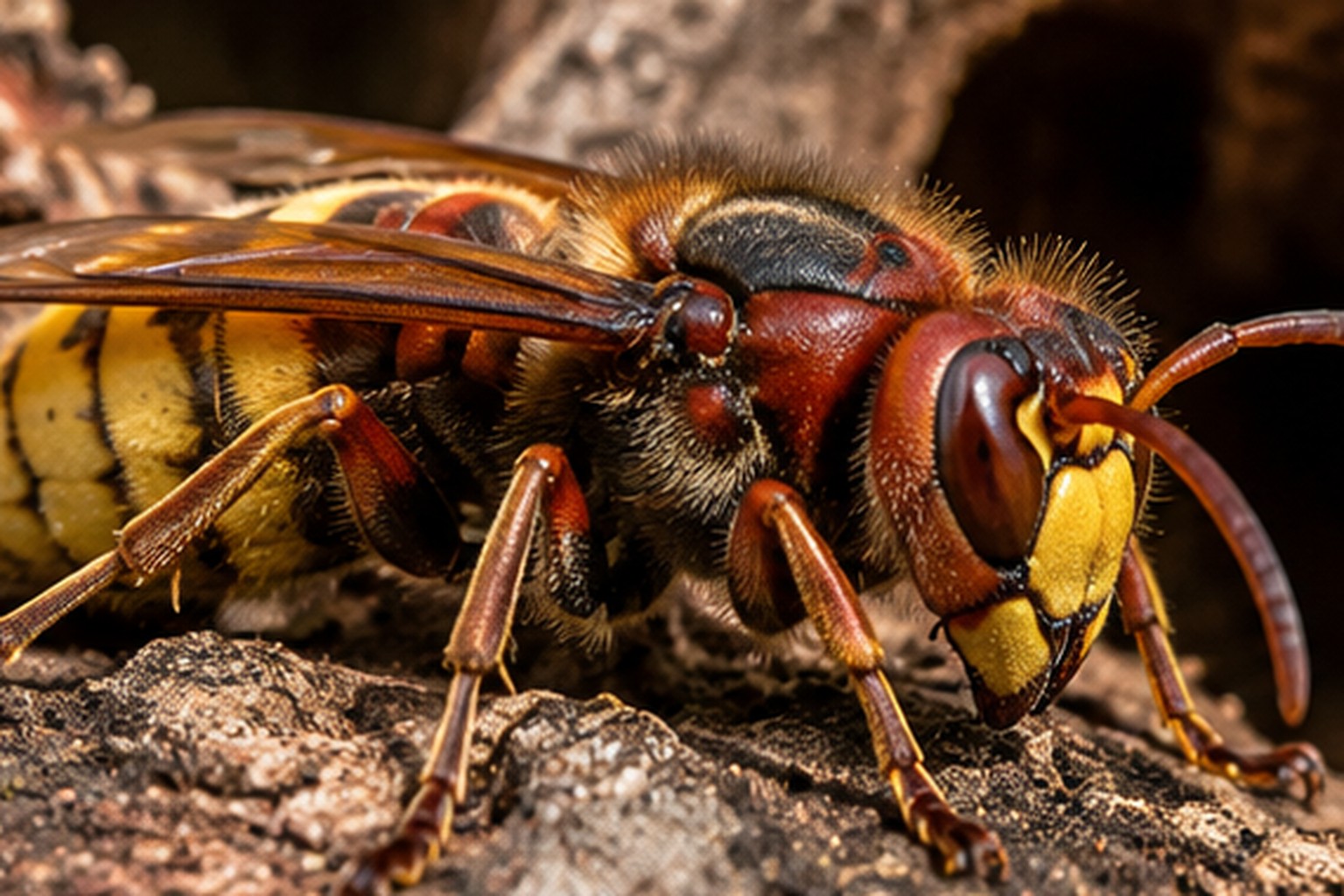 Szerszeń europejski – Vespa crabro Szerszeń europejski na korze drzewa przy wejściu do naturalnej szczeliny