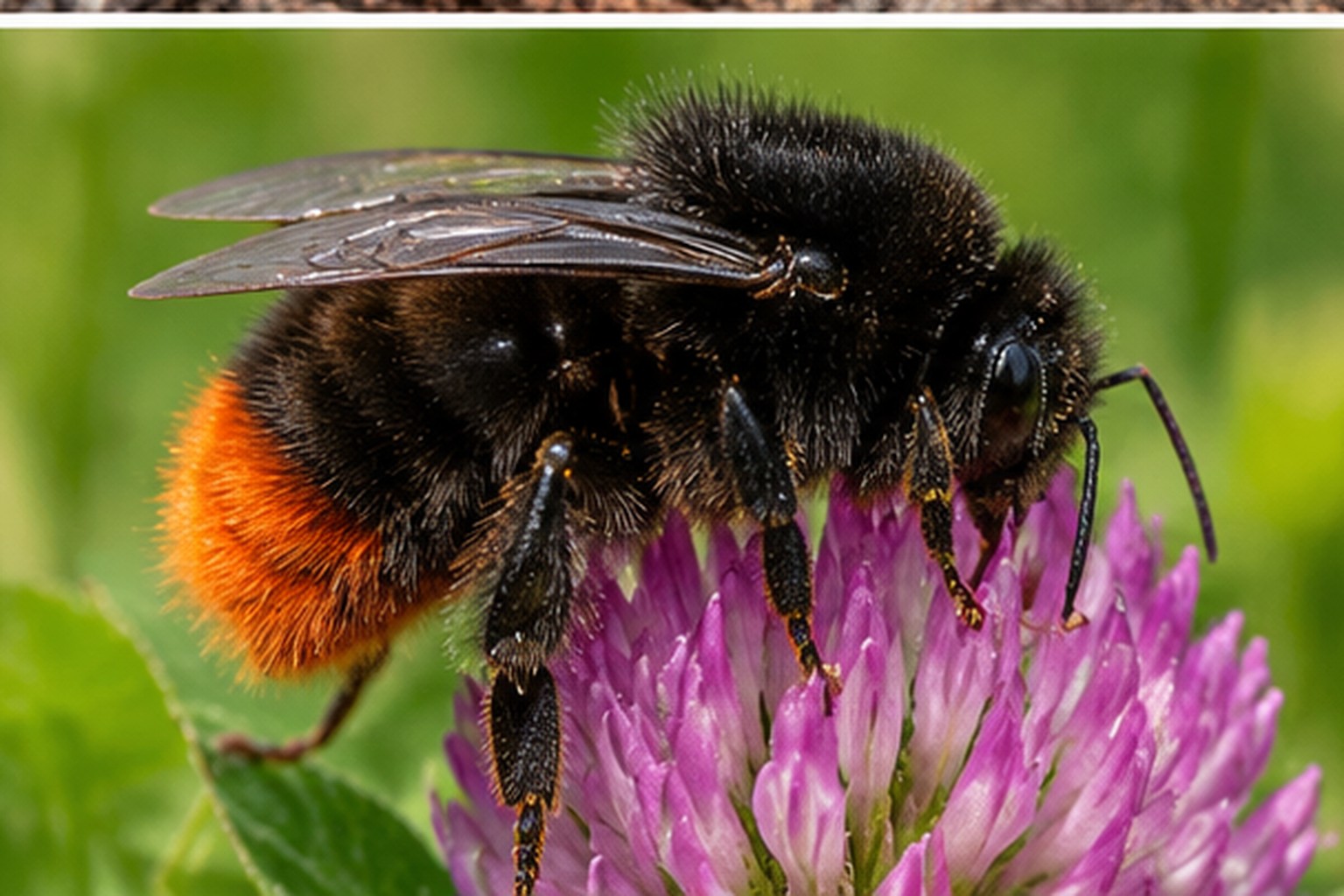 Trzmiel kamiennik – Bombus lapidarius Trzmiel kamiennik na fioletowej koniczynie z czarnym ciałem i rudoczerwonym końcem odwłoka