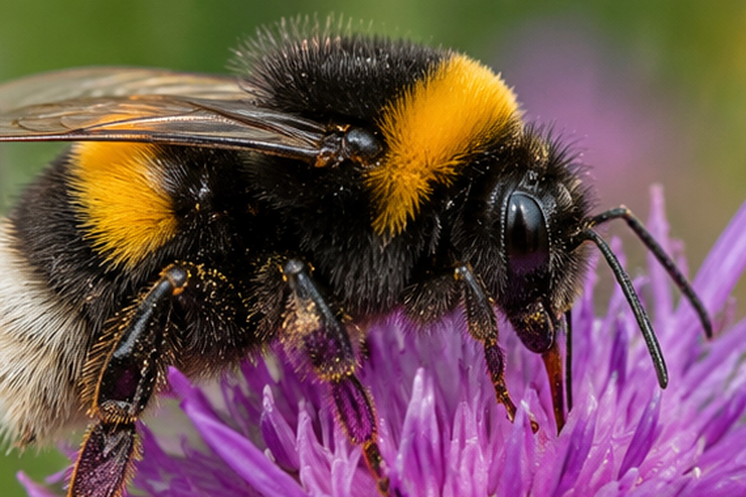 Trzmiel ziemny – Bombus terrestris Trzmiel ziemny na fioletowym kwiecie z widocznymi żółtymi przepaskami i jasnym końcem odwłoka