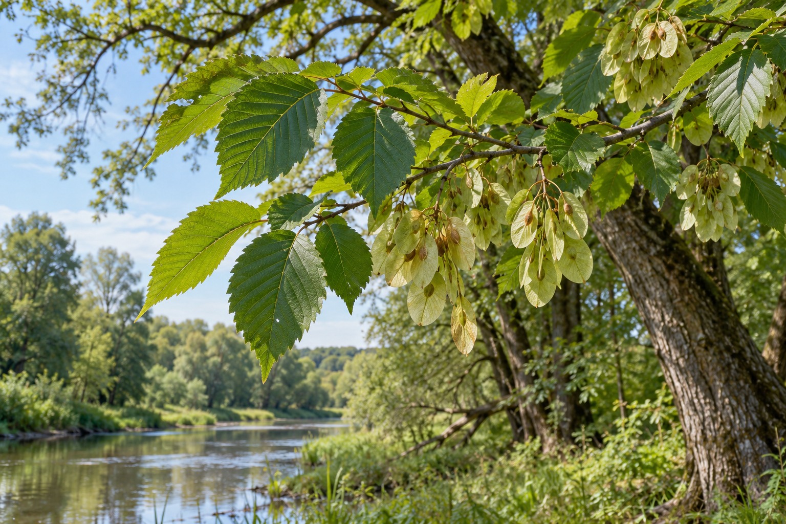 Wiąz szypułkowy — ilustracja botaniczna przedstawiająca liście i owoce w naturalnym otoczeniu