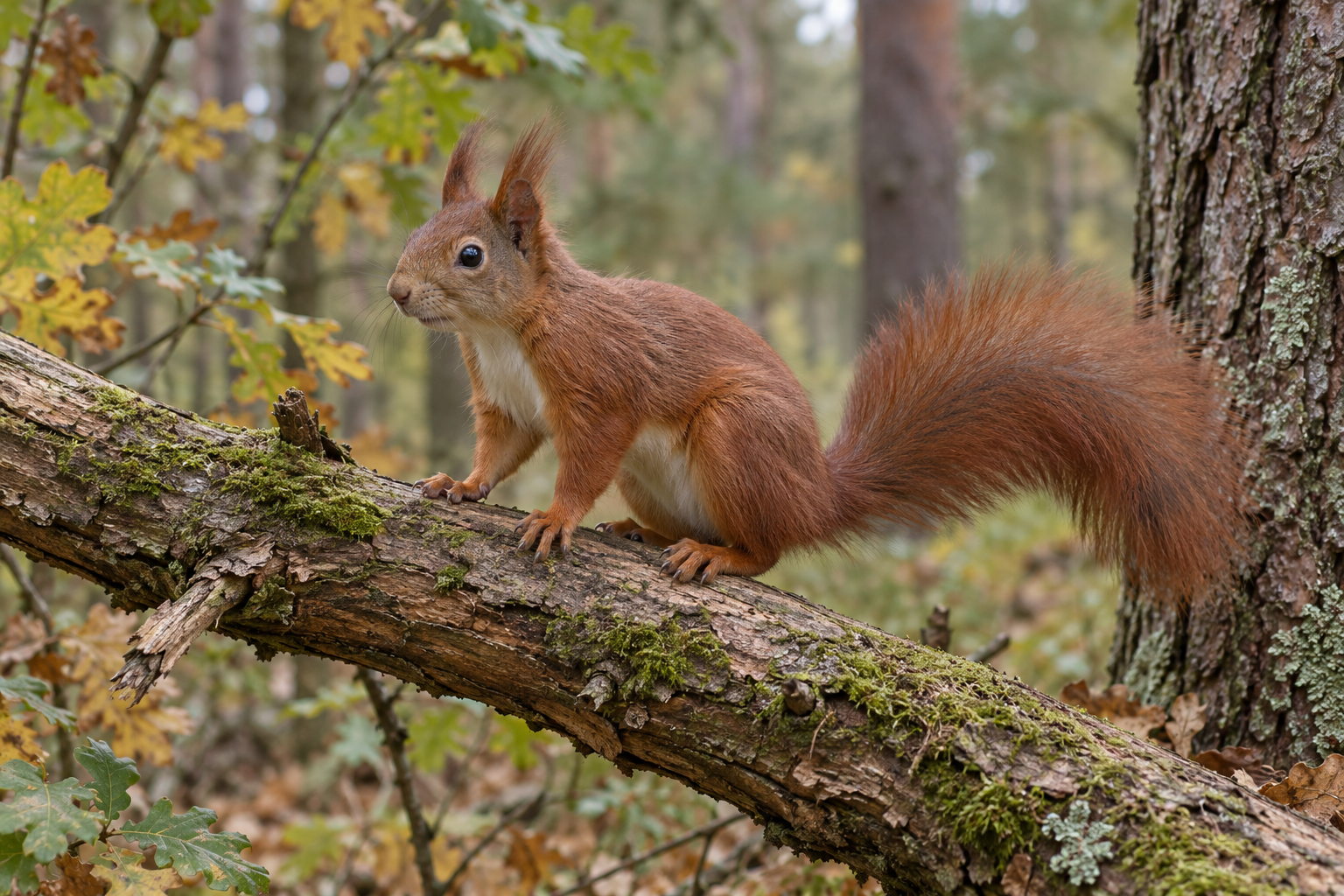 Wiewiórka pospolita – Sciurus vulgaris Wiewiórka pospolita z puszystym ogonem na omszałej gałęzi w jesiennym lesie