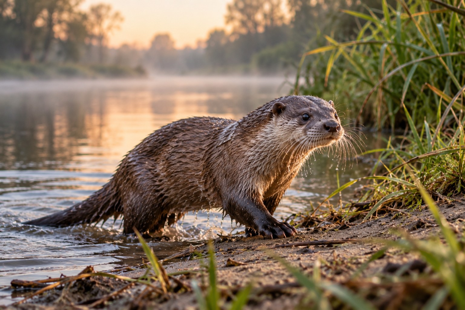 Wydra europejska – Lutra lutra Wydra europejska wychodząca z rzeki na naturalny brzeg