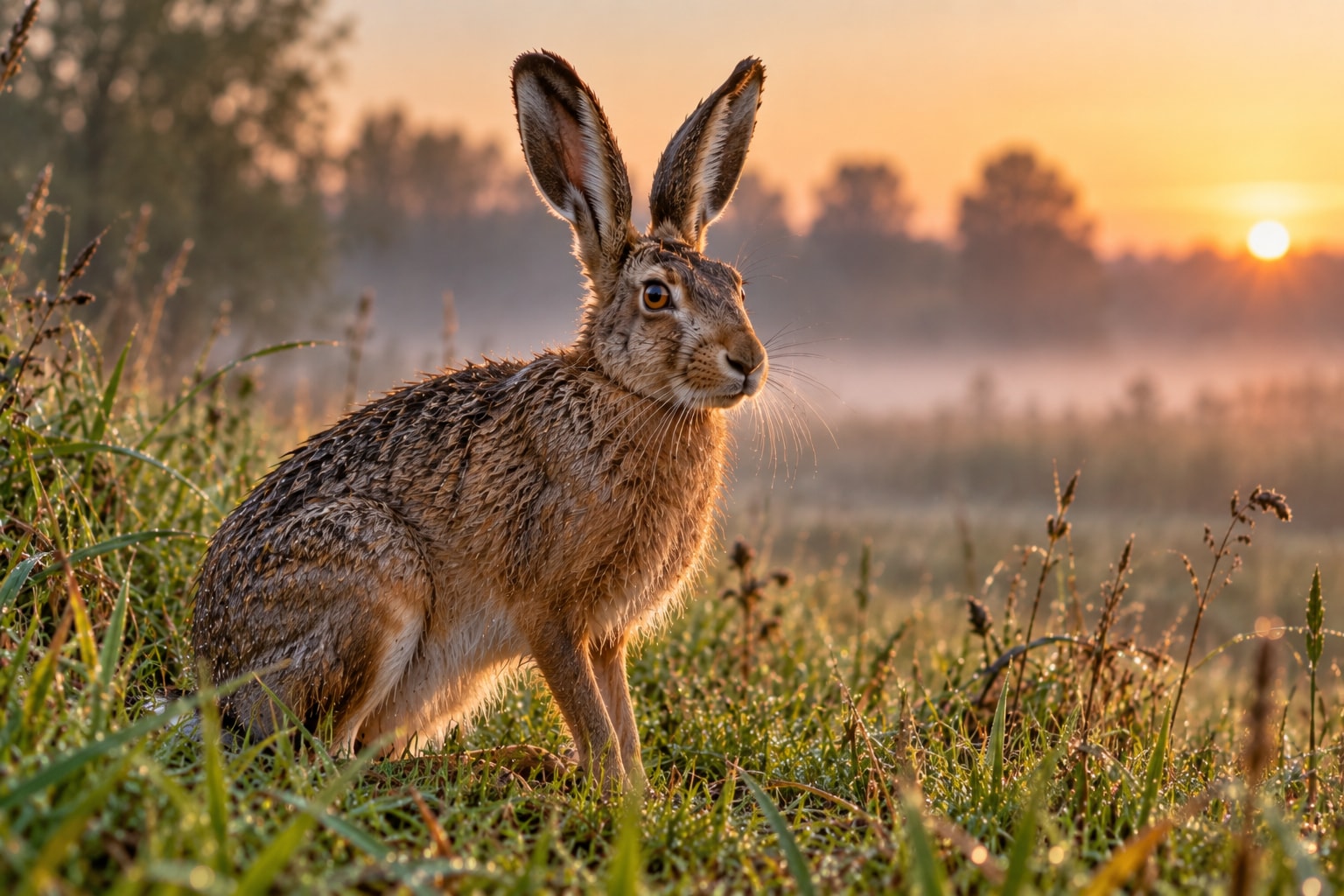 Zając szarak – Lepus europaeus Zając szarak siedzący wśród traw na łące