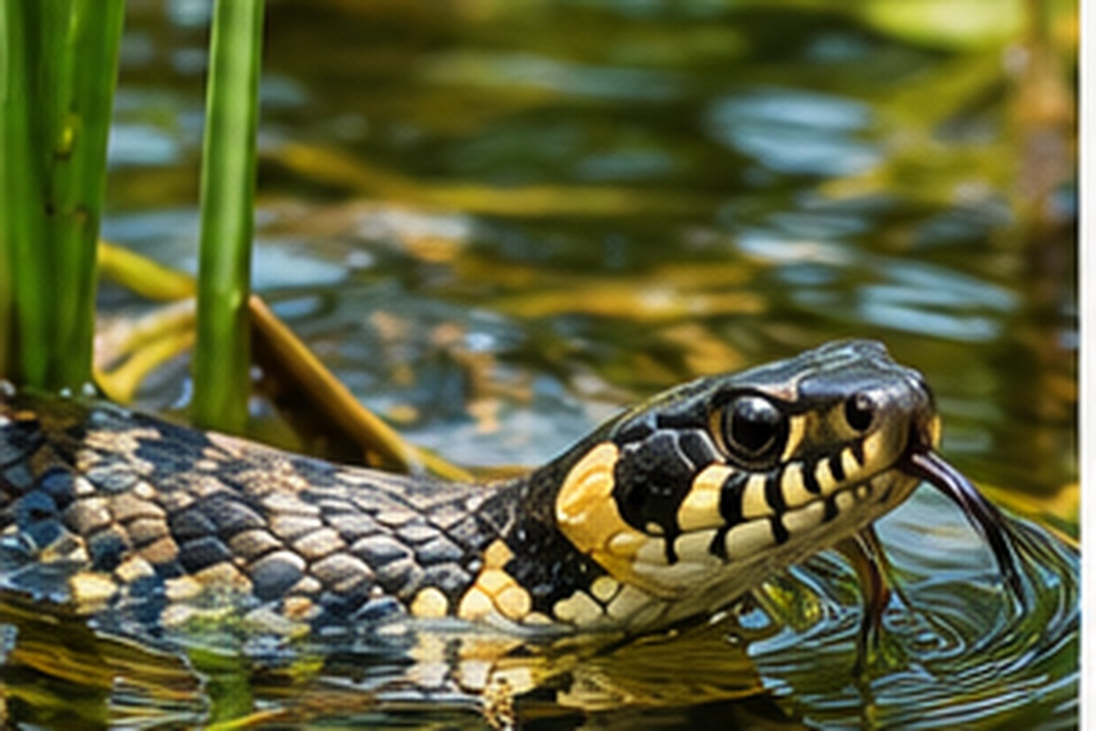 Zaskroniec zwyczajny – Natrix natrix Zaskroniec zwyczajny z jasnymi plamami za głową przy brzegu spokojnej wody