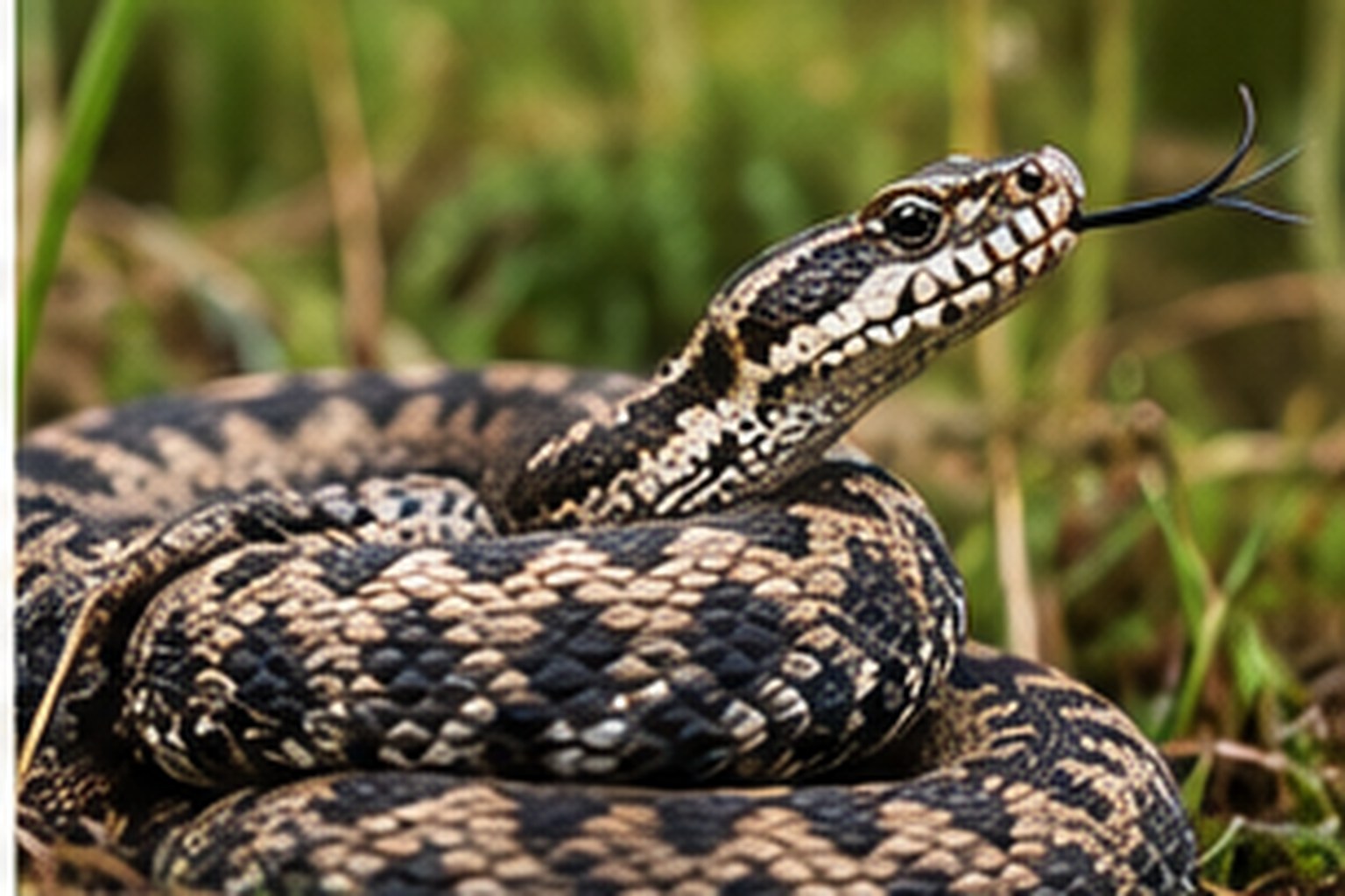 Żmija zygzakowata – Vipera berus Żmija zygzakowata zwinięta pośród traw i wrzosów z widocznym ciemnym zygzakiem
