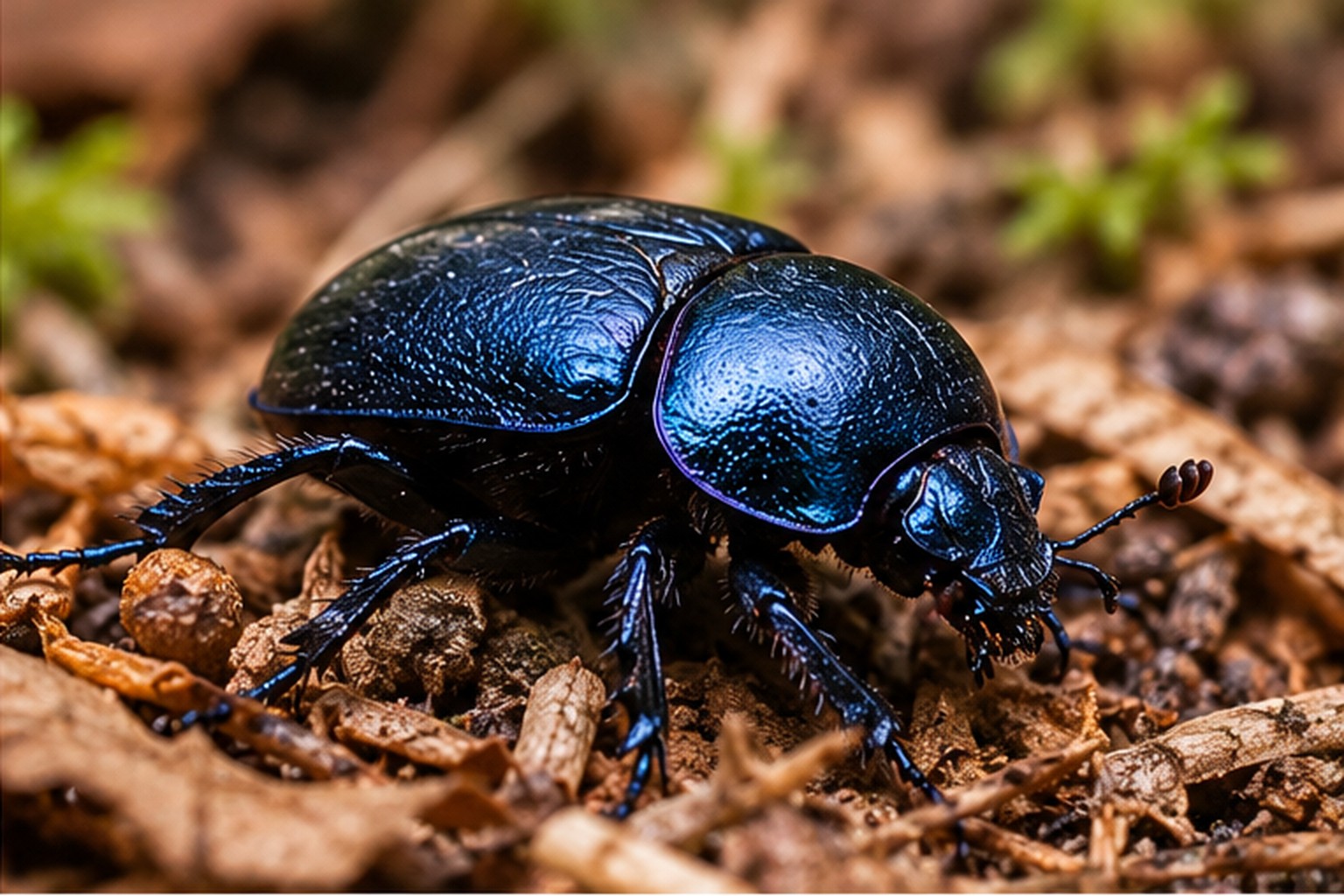 Żuk leśny – Anoplotrupes stercorosus Żuk leśny o granatowo-czarnym połysku poruszający się po ściółce i mchu